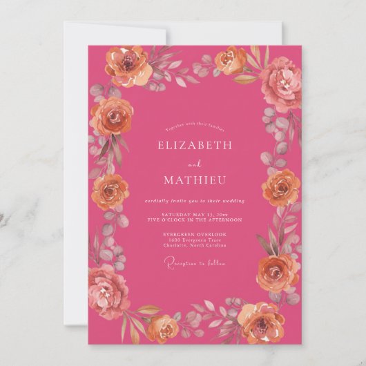 Fuchsia Pfirsich Aquarell Hochzeit Einladung (Vorderseite)