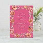 Fuchsia Pfirsich Aquarell Hochzeit Einladung (Stehend Vorderseite)