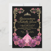 Fuchsia Pink and Black Gold Quinceanera XV Años Einladung (Vorderseite)