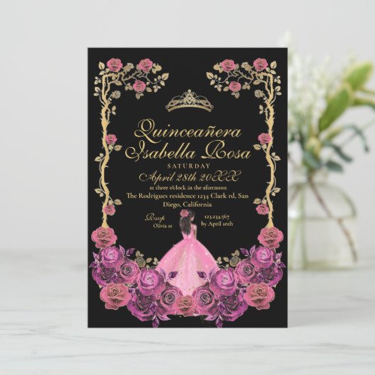 Fuchsia Pink and Black Gold Quinceanera XV Años Einladung (Stehend Vorderseite)