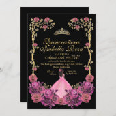 Fuchsia Pink and Black Gold Quinceanera XV Años Einladung (Vorne/Hinten)