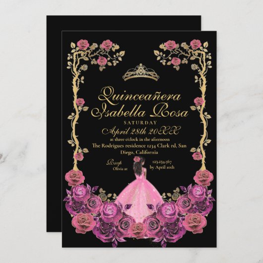 Fuchsia Pink and Black Gold Quinceanera XV Años Einladung (Vorne/Hinten)