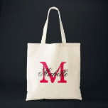 Fuchsia pink and black wedding tote bag with name tragetasche<br><div class="desc">Fuchsia pink and black wedding tote bag with personalized monogram. Vintage style initial letter design. Make one for brides entourage / crew; bridesmaids, brides maid, flower girls, maid of honor, matron of honor, mother of the bride etc. Elegant script typography text for name. Fun monogrammed accessory for wedding, bridal shower,...</div>