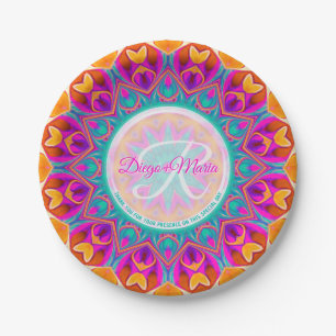 Fuchsia Pink Aqua Orange Party Mandala Monogram Pappteller