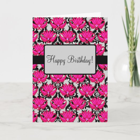Fuchsia Pink Art Nouveau Damask Geburtstag Karte (Vorderseite)