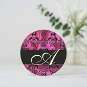 FUCHSIA PINK BLACK DAMASK CLOTH MONOGRAM Circle Einladung (Stehend Vorderseite)