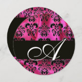 FUCHSIA PINK BLACK DAMASK CLOTH MONOGRAM Circle Einladung (Vorne/Hinten)
