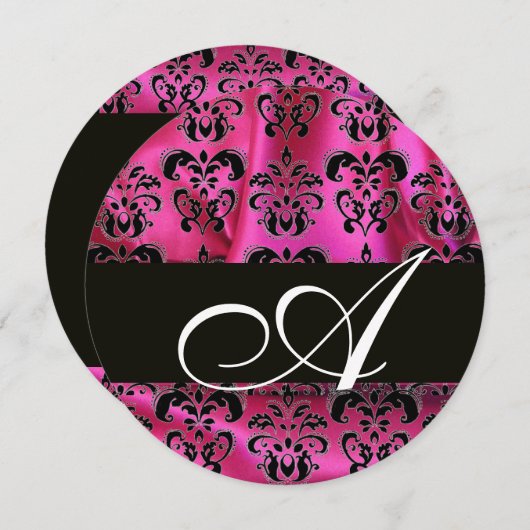 FUCHSIA PINK BLACK DAMASK CLOTH MONOGRAM Circle Einladung (Vorne/Hinten)