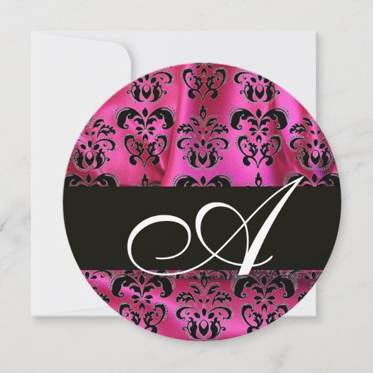 FUCHSIA PINK BLACK DAMASK CLOTH MONOGRAM Circle Einladung (Vorderseite)