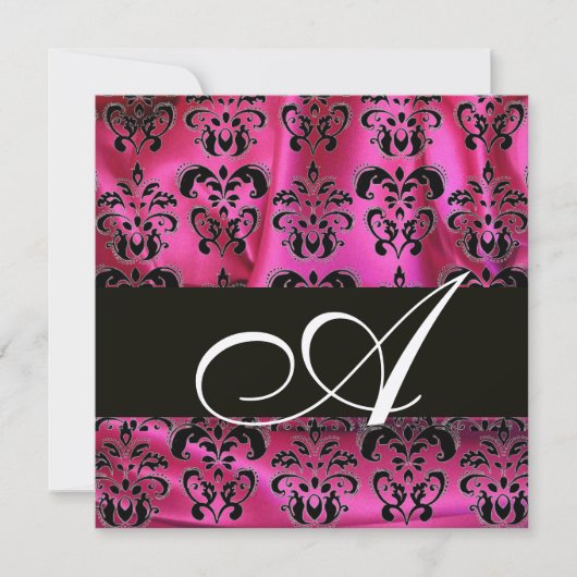 FUCHSIA PINK BLACK DAMASK CLOTH MONOGRAMM Champagn Einladung (Vorderseite)