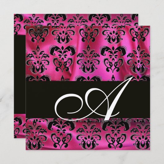 FUCHSIA PINK BLACK DAMASK CLOTH MONOGRAMM Champagn Einladung (Vorne/Hinten)