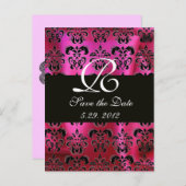FUCHSIA PINK BLACK DAMASK CLOTH MONOGRAMM, weiß Ankündigungspostkarte (Vorne/Hinten)