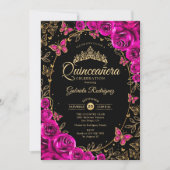Fuchsia Pink Black Gold Quinceanera Einladung (Vorderseite)