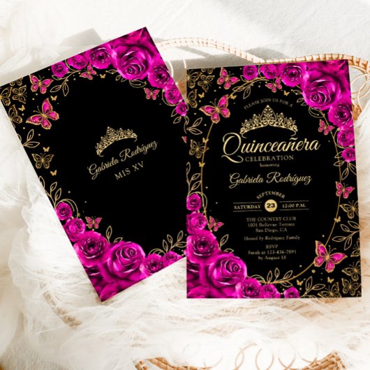 Fuchsia Pink Black Gold Quinceanera Einladung