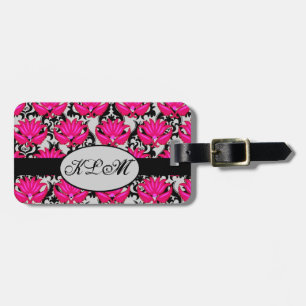 Fuchsia Pink Black Gray Damask Monogramm Gepäckanhänger