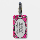 Fuchsia Pink Black Gray Damask Monogramm Gepäckanhänger (Rückseite vertikal)