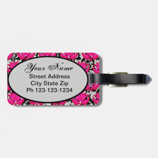 Fuchsia Pink Black Gray Damask Monogramm Gepäckanhänger (Rückseite horizontal)