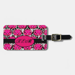 Fuchsia Pink Black Gray Damask Monogramm Gepäckanhänger