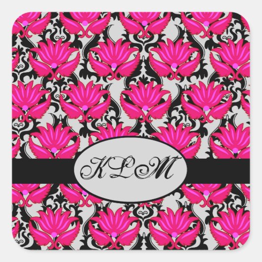 Fuchsia Pink Black Gray Damask Monogramm Quadratischer Aufkleber (Vorderseite)