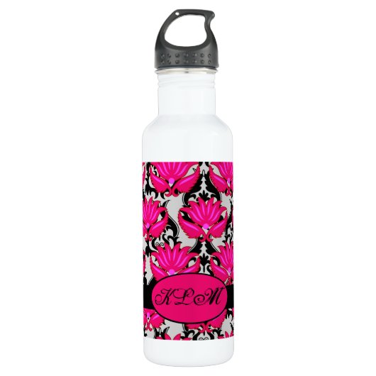 Fuchsia Pink Black Gray Damask Monogramm Trinkflasche (Vorderseite)