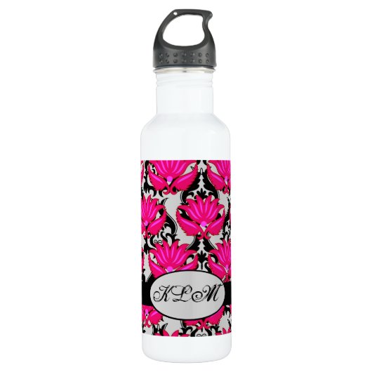 Fuchsia Pink Black Gray Damask Monogramm Trinkflasche (Vorderseite)