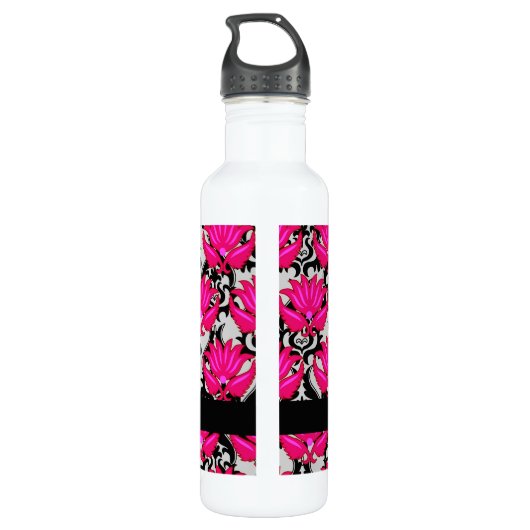 Fuchsia Pink Black Gray Damask Monogramm Trinkflasche (Rückseite)