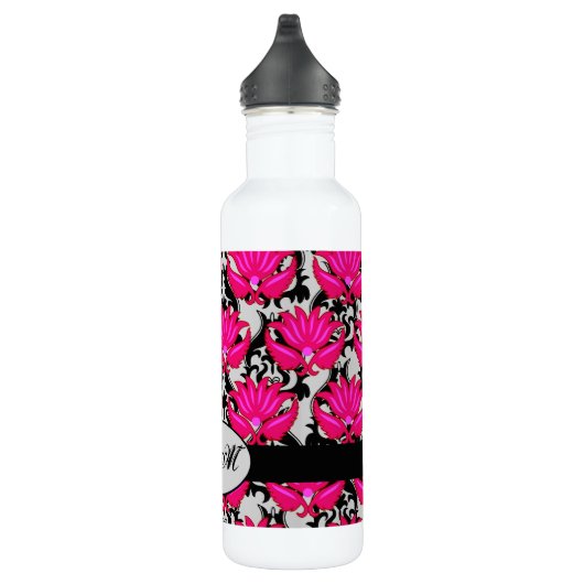 Fuchsia Pink Black Gray Damask Monogramm Trinkflasche (Rechts)