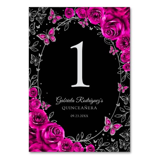 Fuchsia Pink Black Silver Quinceanera Tischnummer (Vorderseite)