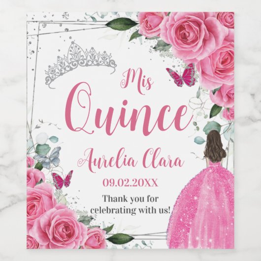 Fuchsia Pink Bläserprinzessin Silver Quinceañera 1 Weinetikett (Einzelnes Label)