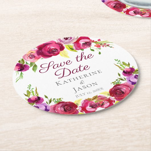 Fuchsia Pink Blumengarten Save the Date Runder Pappuntersetzer (Angewinkelt)