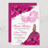 Fuchsia Pink Blumenmasquerade Sweet 16 Einladung (Vorne/Hinten)