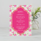 Fuchsia Pink Blumenmuster muslimische Hochzeit Gol Folieneinladung (Stehend vorne)