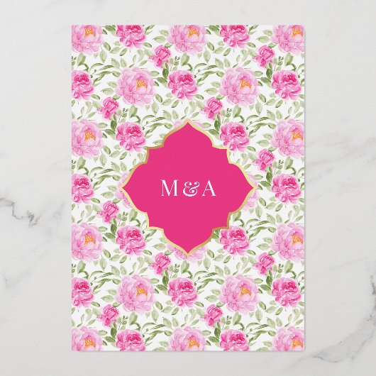 Fuchsia Pink Blumenmuster muslimische Hochzeit Gol Folieneinladung (Rückseite)
