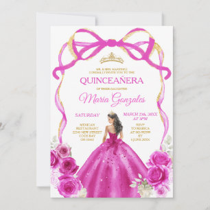 Fuchsia Pink Bow Princess Gold Crown Quinceañera Einladung