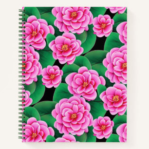 Fuchsia Pink Camellias und Green Blätter Journal Notizblock