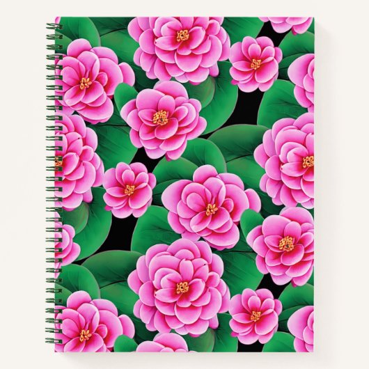 Fuchsia Pink Camellias und Green Blätter Journal Notizblock (Vorderseite)