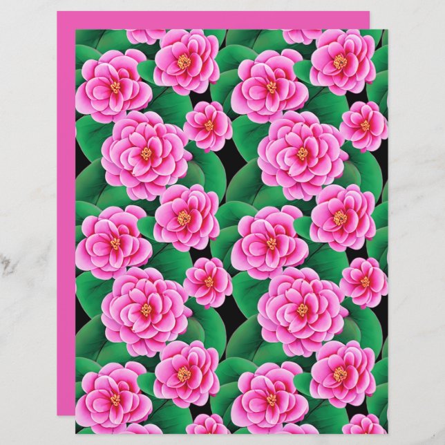 Fuchsia Pink Camellias und Jade Green Blätter (Vorne/Hinten)