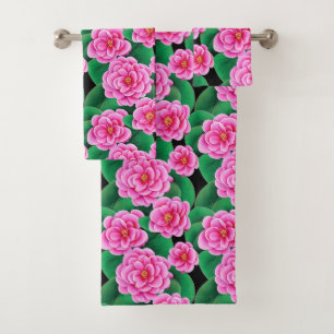 Fuchsia Pink Camellias und Jade Green Blätter Badhandtuch Set