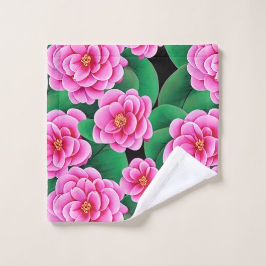 Fuchsia Pink Camellias und Jade Green Blätter Badhandtuch Set (Waschlappen)