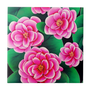 Fuchsia Pink Camellias und Jade Green Blätter Fliese