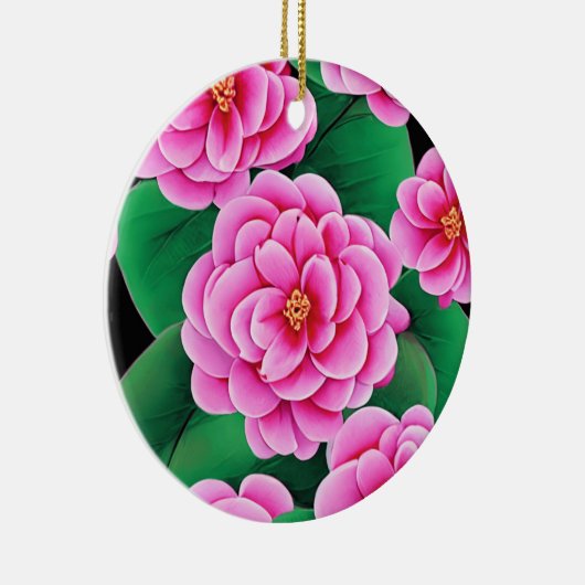 Fuchsia Pink Camellias und Jade Green Blätter Keramik Ornament (Rechts)