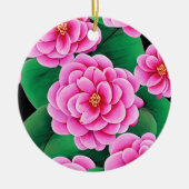 Fuchsia Pink Camellias und Jade Green Blätter Keramik Ornament (Vorne)