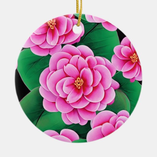 Fuchsia Pink Camellias und Jade Green Blätter Keramik Ornament (Vorne)