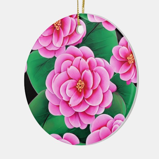 Fuchsia Pink Camellias und Jade Green Blätter Keramik Ornament (Links)
