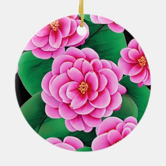 Fuchsia Pink Camellias und Jade Green Blätter Keramik Ornament (Hinten)