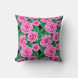 Fuchsia Pink Camellias und Jade Green Blätter Kissen