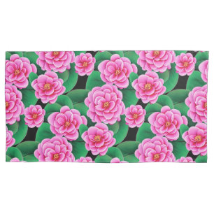 Fuchsia Pink Camellias und Jade Green Blätter Kissenbezug