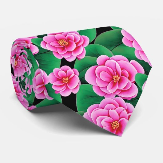 Fuchsia Pink Camellias und Jade Green Blätter Krawatte (Gerollt)
