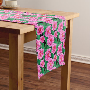 Fuchsia Pink Camellias und Jade Green Blätter Kurzer Tischläufer