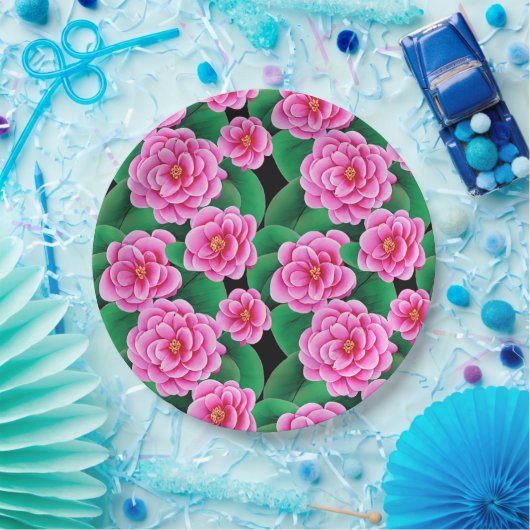 Fuchsia Pink Camellias und Jade Green Blätter Pappteller (Party)